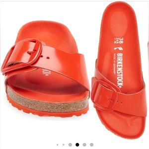NWOB Birkenstock Madrid Big Buckle Slide Sandals High Gloss Tomato Size 38